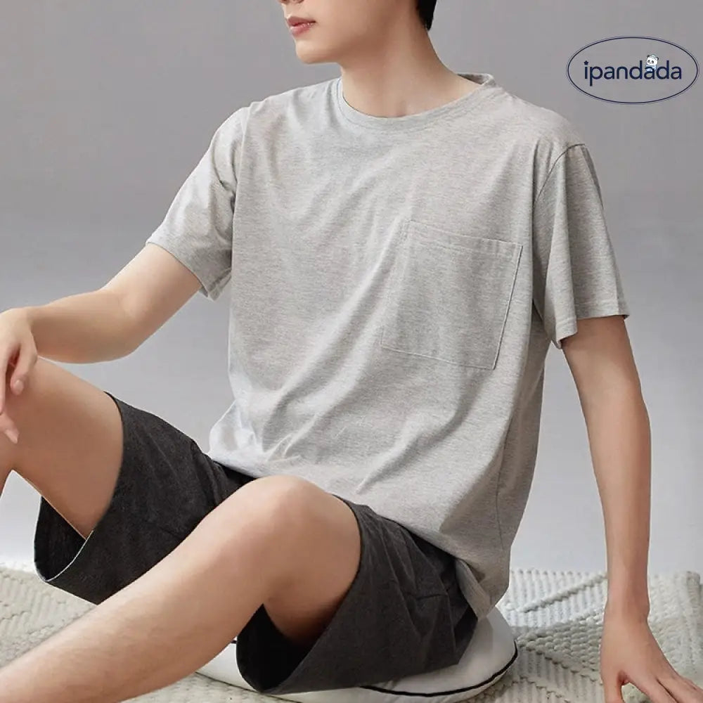 ID1677 メンズ 綿 夏用 パジャマセット シンプルデザイン 半袖シャツ＆ショートパンツ お出かけにも 涼感 通気性バツグン 洗濯機OK