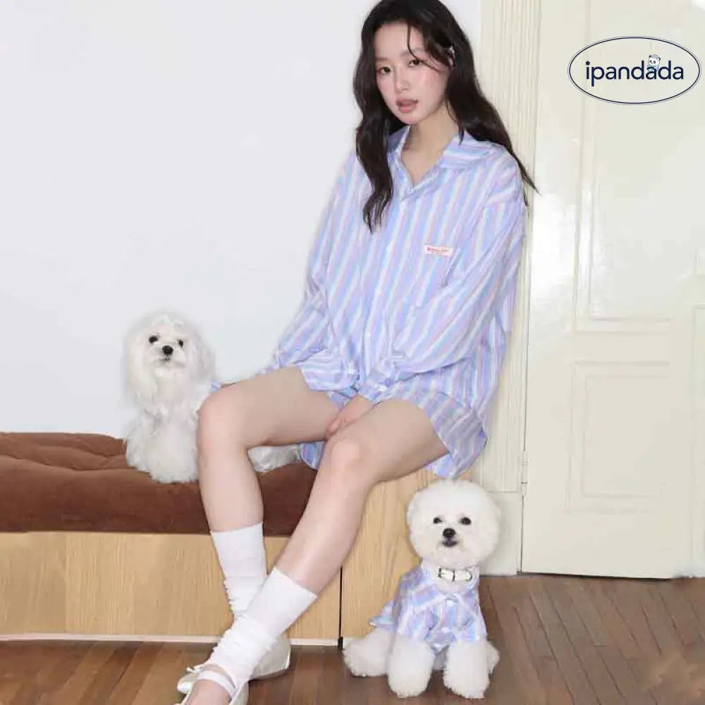 ID2099 ペットオーナー マッチング 韓国風 かわいい 犬用 猫用 服 ペア ブルー ストライプ シャツ おそろい コーデ ペットウェア オーナーウェア カップル おしゃれ 春 夏 薄手 軽やか 着心地 快適 ストライプ デザイン