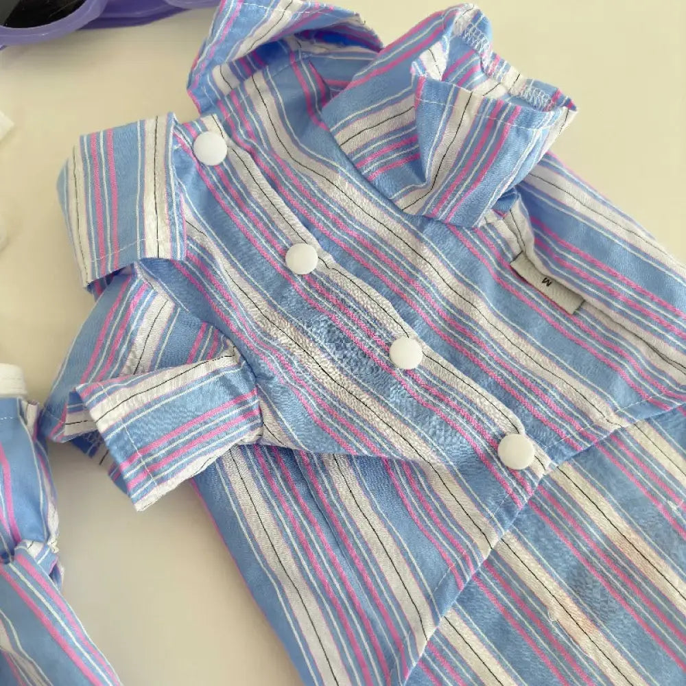 ID2099 ペットオーナー マッチング 韓国風 かわいい 犬用 猫用 服 ペア ブルー ストライプ シャツ おそろい コーデ ペットウェア オーナーウェア カップル おしゃれ 春 夏 薄手 軽やか 着心地 快適 ストライプ デザイン