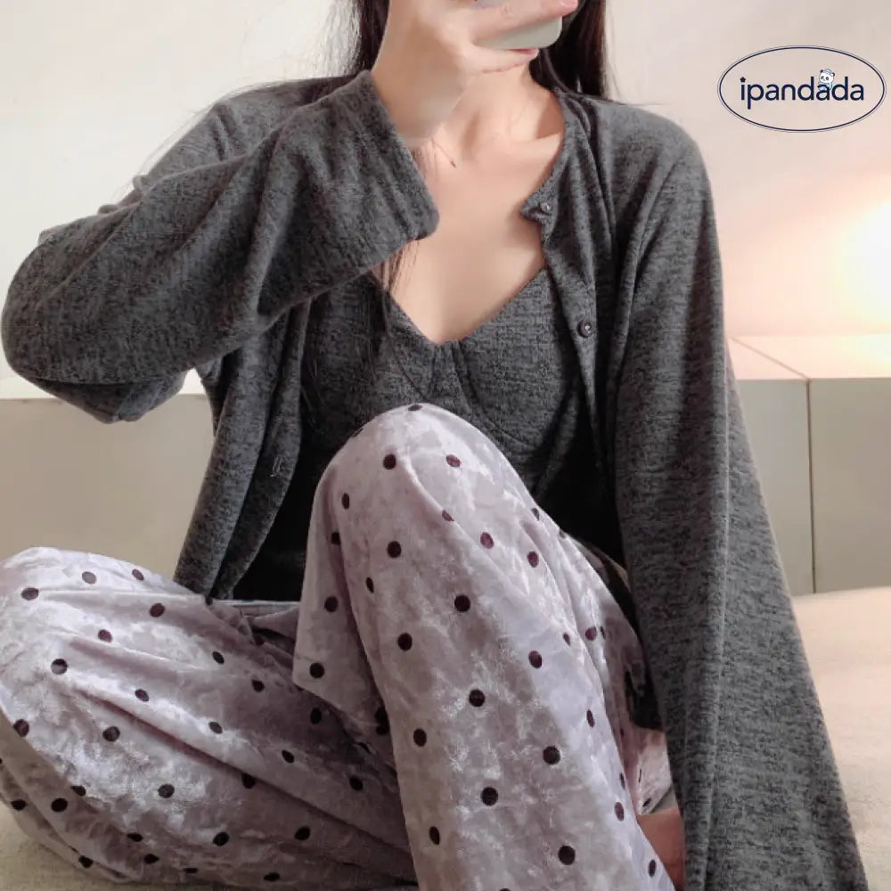 ID378 パジャマ 3点セット ルームウェア カップ付き レディース 寝巻き ドット柄 女の子 部屋着 可愛い 長袖 パンツ ズボン キャミソール 上下セット 無地 おしゃれ 秋 春 夏 レディース＞セットアップ
