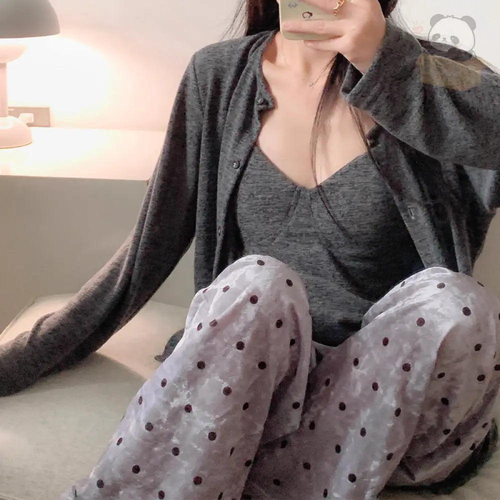 ID378 パジャマ 3点セット ルームウェア カップ付き レディース 寝巻き ドット柄 女の子 部屋着 可愛い 長袖 パンツ ズボン キャミソール 上下セット 無地 おしゃれ 秋 春 夏 レディース＞セットアップ