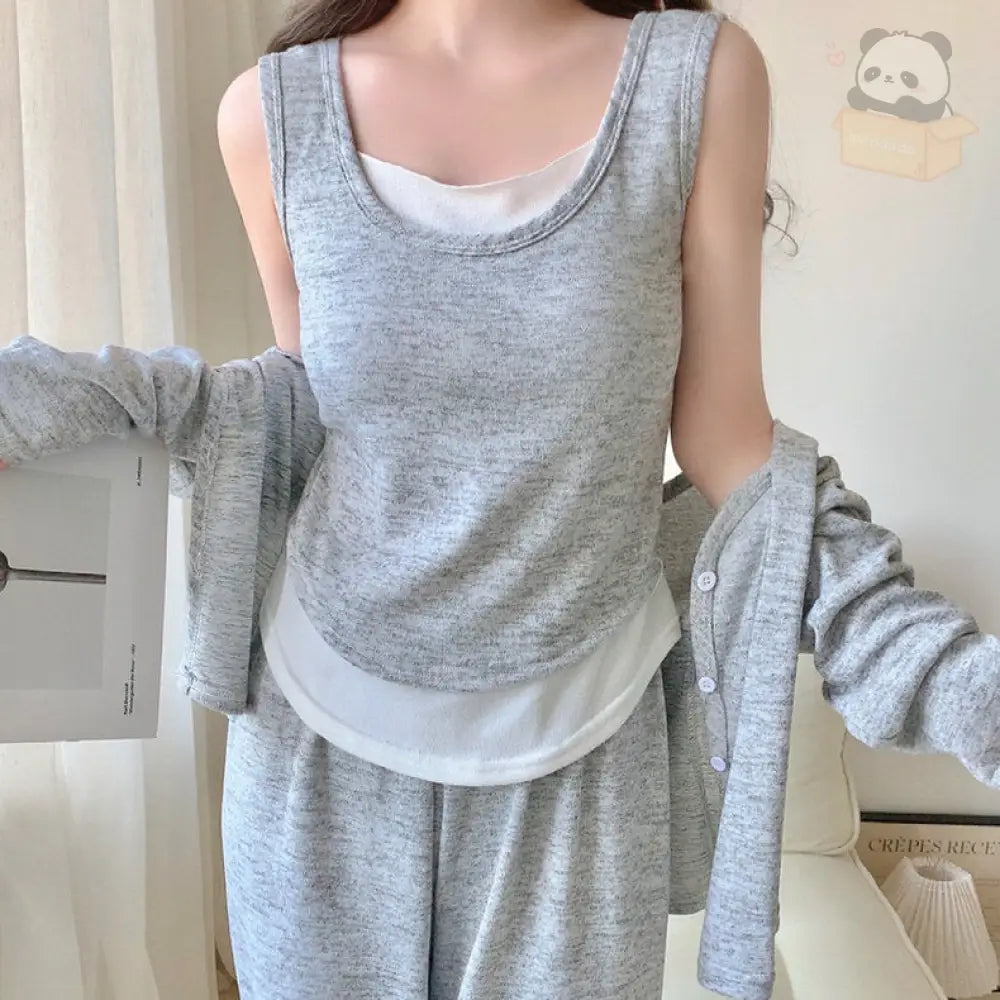 ID380 パジャマ 3点セット ルームウェア カップ付き レディース 寝巻き 女の子 部屋着 可愛い 長袖 パンツ ズボン キャミソール 上下セット 無地 おしゃれ 秋 春 夏 レディース＞セットアップ
