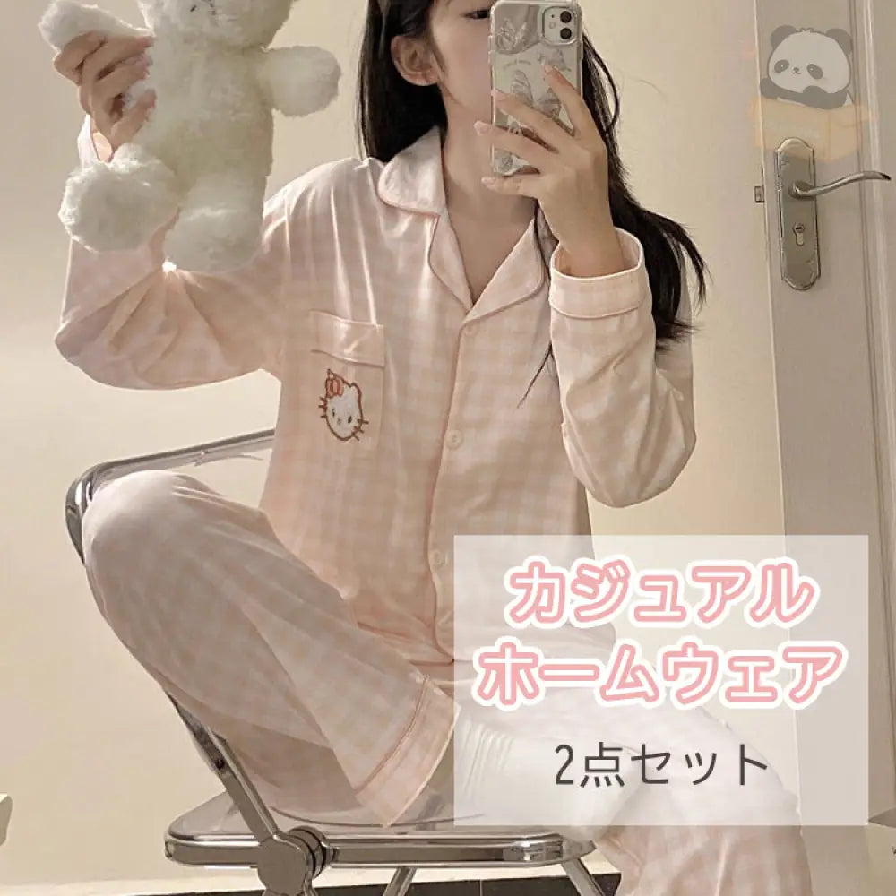 ID399 パジャマ ルームウェア 2点セット 上下セット レディース 秋 冬 ネコ柄 猫柄 暖か 着心地 プルオーバー ロングパンツ セットアップ もこもこ 快適 部屋着 レディース＞セットアップ