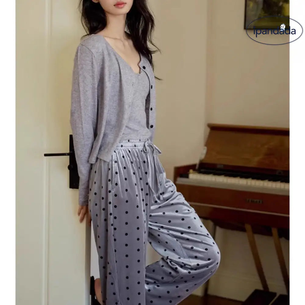 ID402【3点セット】パジャマ ルームウェア レディース 春秋冬 上下セット 長袖 お洒落 ルームパンツ ドット 部屋着 寝巻き 旅行 入院 前開き 大人 ゆったり リラックス 薄手 ガーリー レディース＞セットアップ