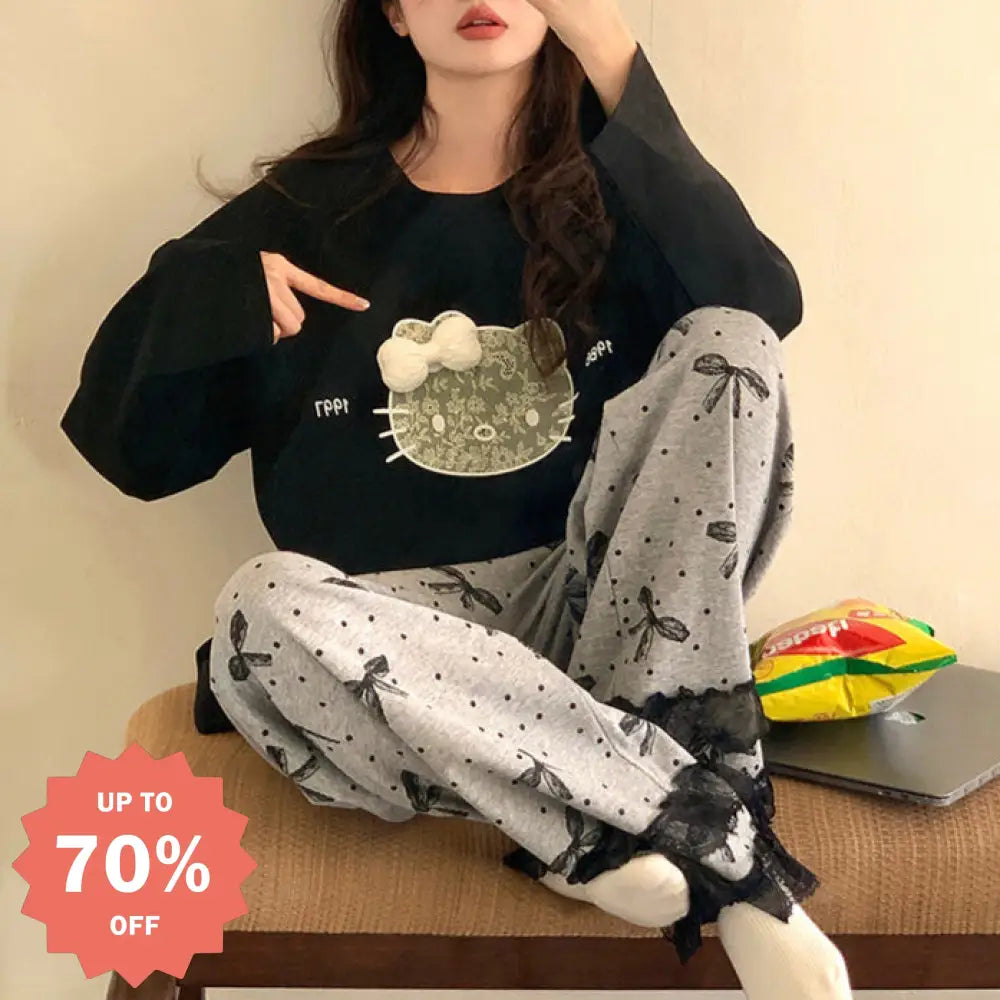 ID427 パジャマ レディース かわいい ルームウエア 長袖 長ズボン 上下セット 丸襟 プルオーバー 猫柄 レース 秋 春 優しい着心地 スタイリッシュ お洒落パジャマ ブラック / M レディース＞セットアップ