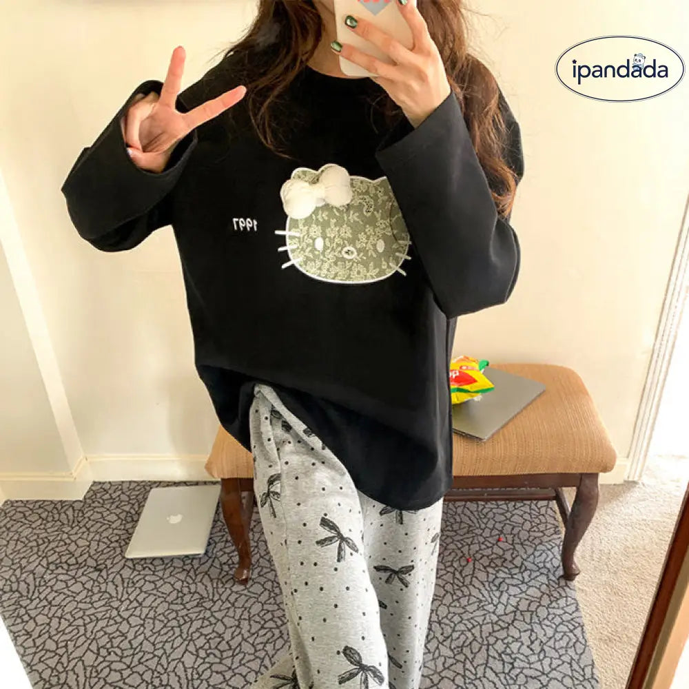 ID427 パジャマ レディース かわいい ルームウエア 長袖 長ズボン 上下セット 丸襟 プルオーバー 猫柄 レース 秋 春 優しい着心地 スタイリッシュ お洒落パジャマ レディース＞セットアップ