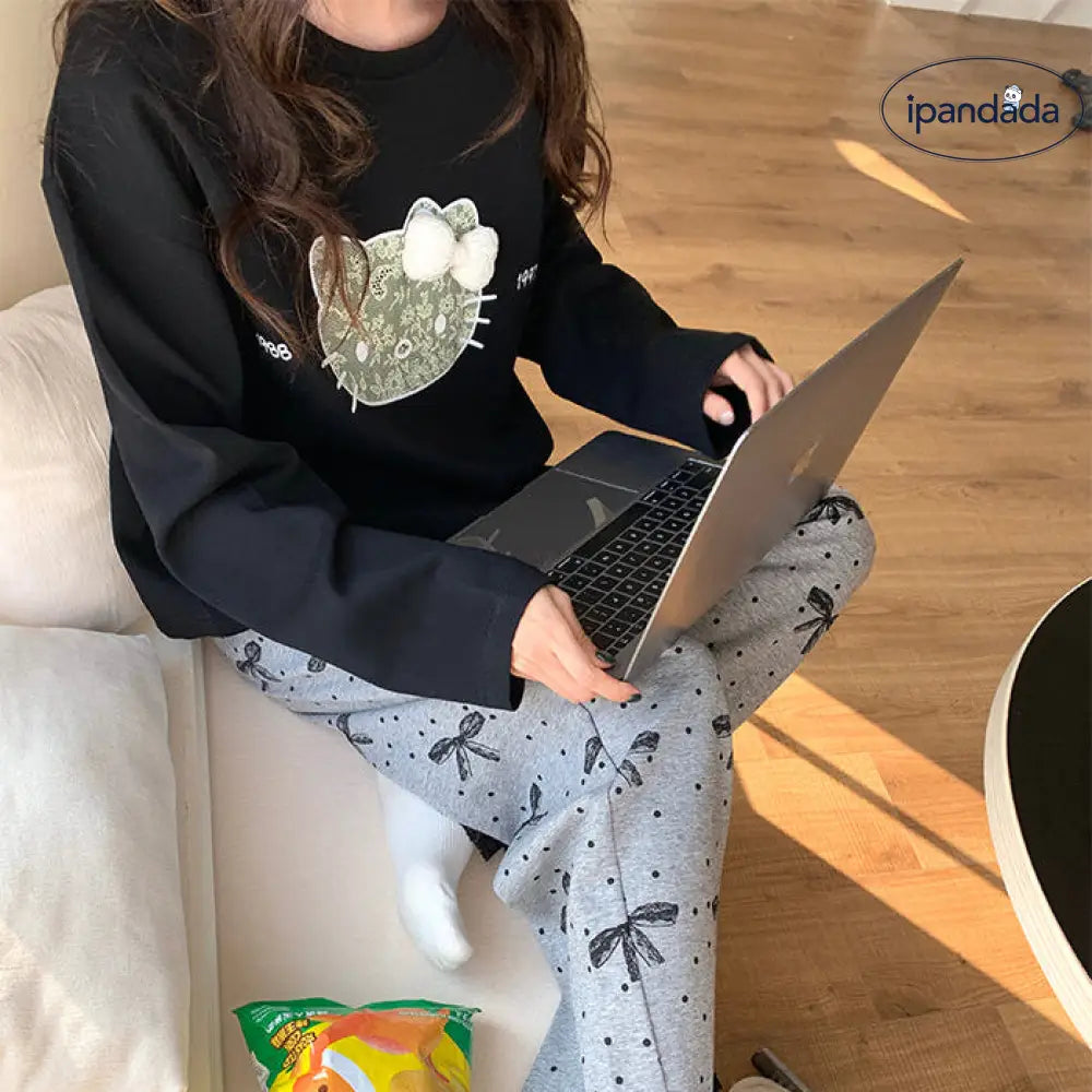 ID427 パジャマ レディース かわいい ルームウエア 長袖 長ズボン 上下セット 丸襟 プルオーバー 猫柄 レース 秋 春 優しい着心地 スタイリッシュ お洒落パジャマ レディース＞セットアップ