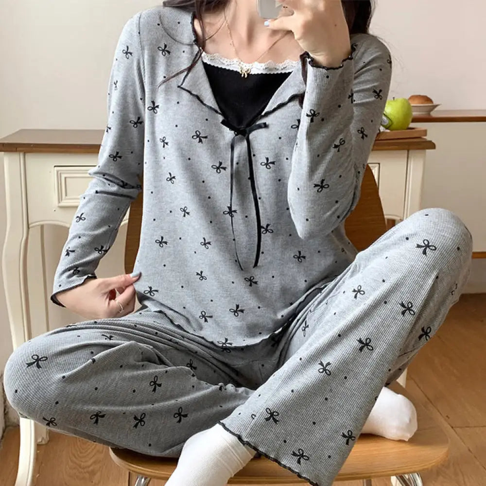ID443 パジャマ 女性 春秋 長袖 胸パッド付き リボン 春夏 ホームウェア 長ズボン 大人 部屋着 外出用 シニア ゴムウエスト グレー / M レディース＞セットアップ