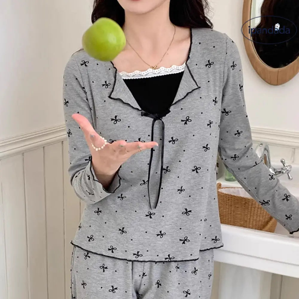 ID443 パジャマ 女性 春秋 長袖 胸パッド付き リボン 春夏 ホームウェア 長ズボン 大人 部屋着 外出用 シニア ゴムウエスト レディース＞セットアップ