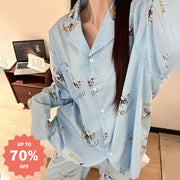 ID447 ゆったり 韓国 カートゥーン プリント ワンマイルウエア パジャマ 春 秋 レディース ホームウェア 大きい サイズ セット ブルー / S レディース＞セットアップ