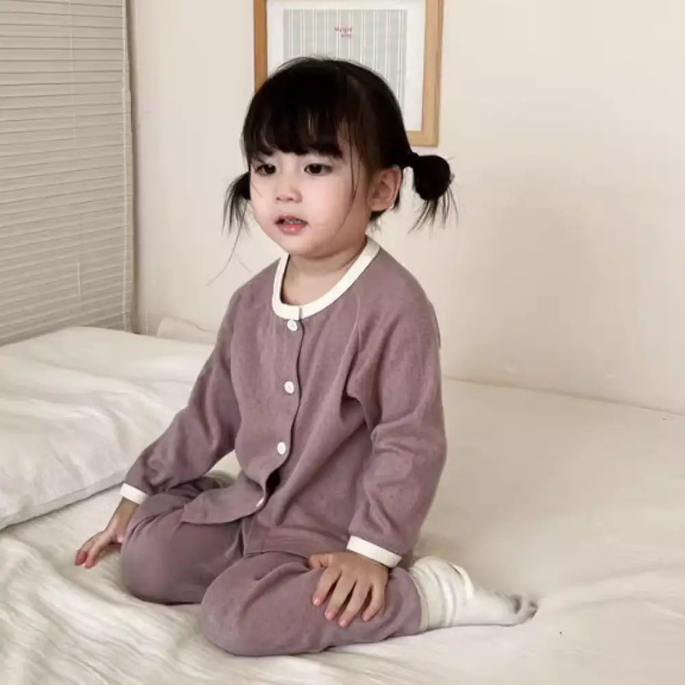ID480 キッズ パジャマセット コットン カーディガン 男女兼用 韓国風 長袖 長パン ナイトウェア エアコン服 ルームウェア コーヒー / 90cm ベビー＆キッズ＞キッズ