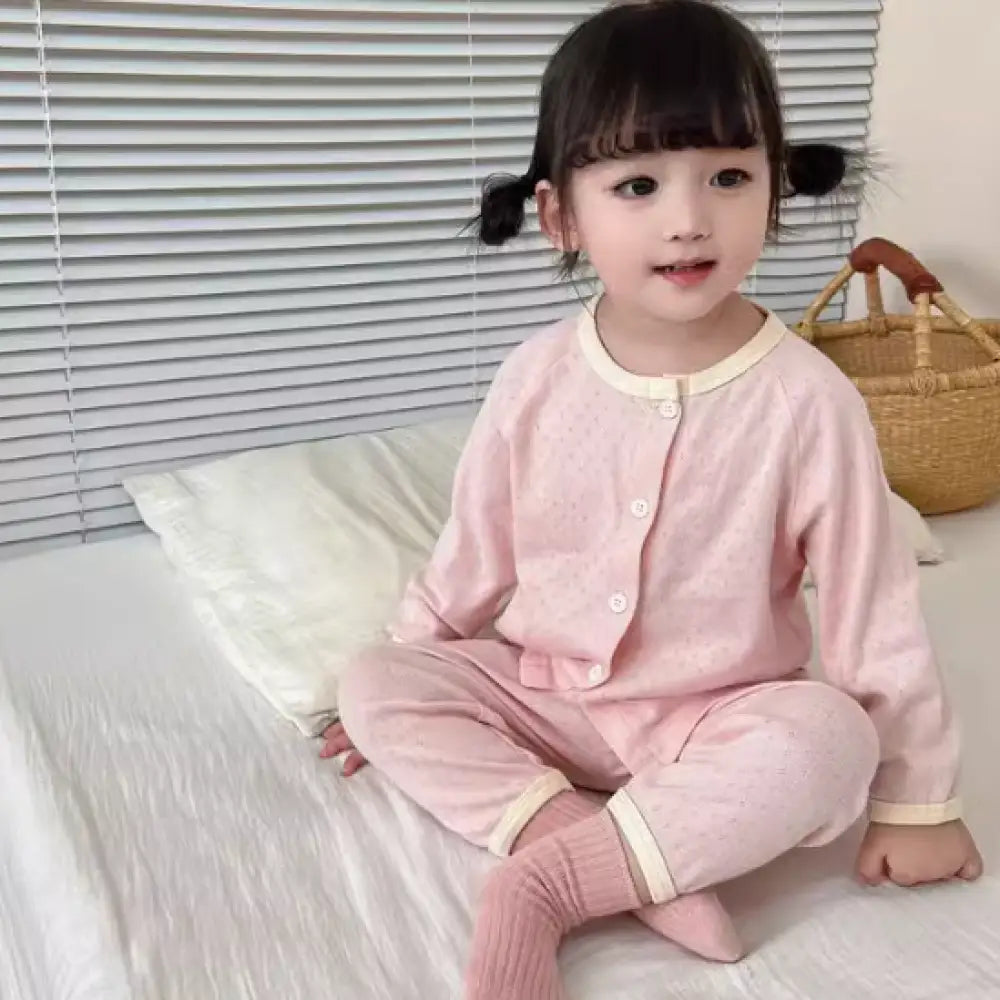 ID480 キッズ パジャマセット コットン カーディガン 男女兼用 韓国風 長袖 長パン ナイトウェア エアコン服 ルームウェア ピンク / 90cm ベビー＆キッズ＞キッズ
