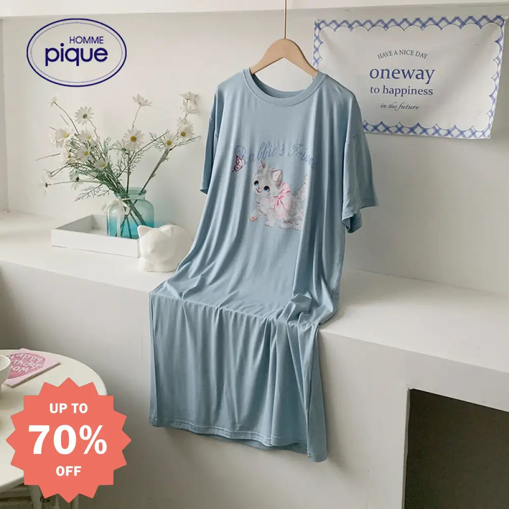 ID522 猫柄 ルームウェア ワンピース パジャマ 着る ルームワンピ ロング丈 部屋着 ミモレ丈 可愛い パジャマ ワンピース ルームウェア ブルー / フリー レディース＞ワンピース