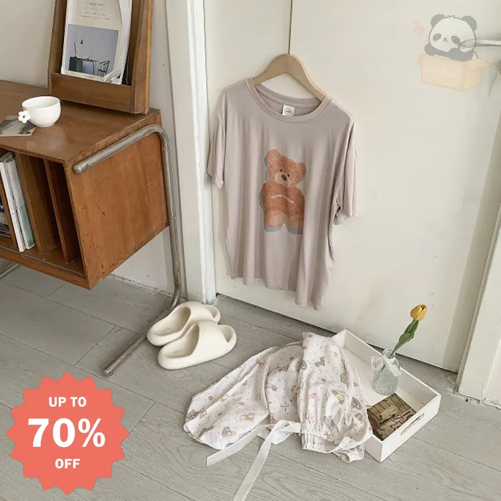 ID523 くま 熊柄 パジャマ 夏用 レディース モダール 半袖 夏 母の日 ギフト コットン 入院 可愛い レディース 大人用 レディース 大きいサイズ ルームサプリ 写真通り / フリー レディース＞セットアップ