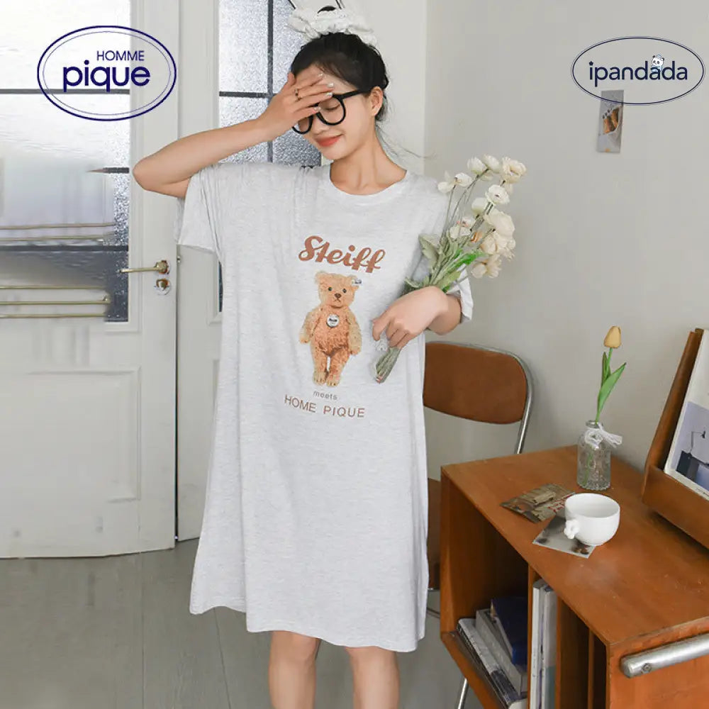 ID524 【MAX60% OFF】熊柄 くま 夏 パジャマ ルームウェア 3秒ルームワンピ 女性 レディース ゆったり 薄手 涼しい 5分袖 夏用 パジャマ 半袖 ルームウエア ワンピース 大きいサイズ グレー / フリー