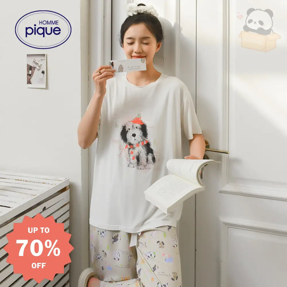 ID525 レディース 犬 プリント モダール パジャマセット 夏 半袖 長ズボン ゆったり かわいい ルームウェア 写真通り / フリー レディース＞セットアップ