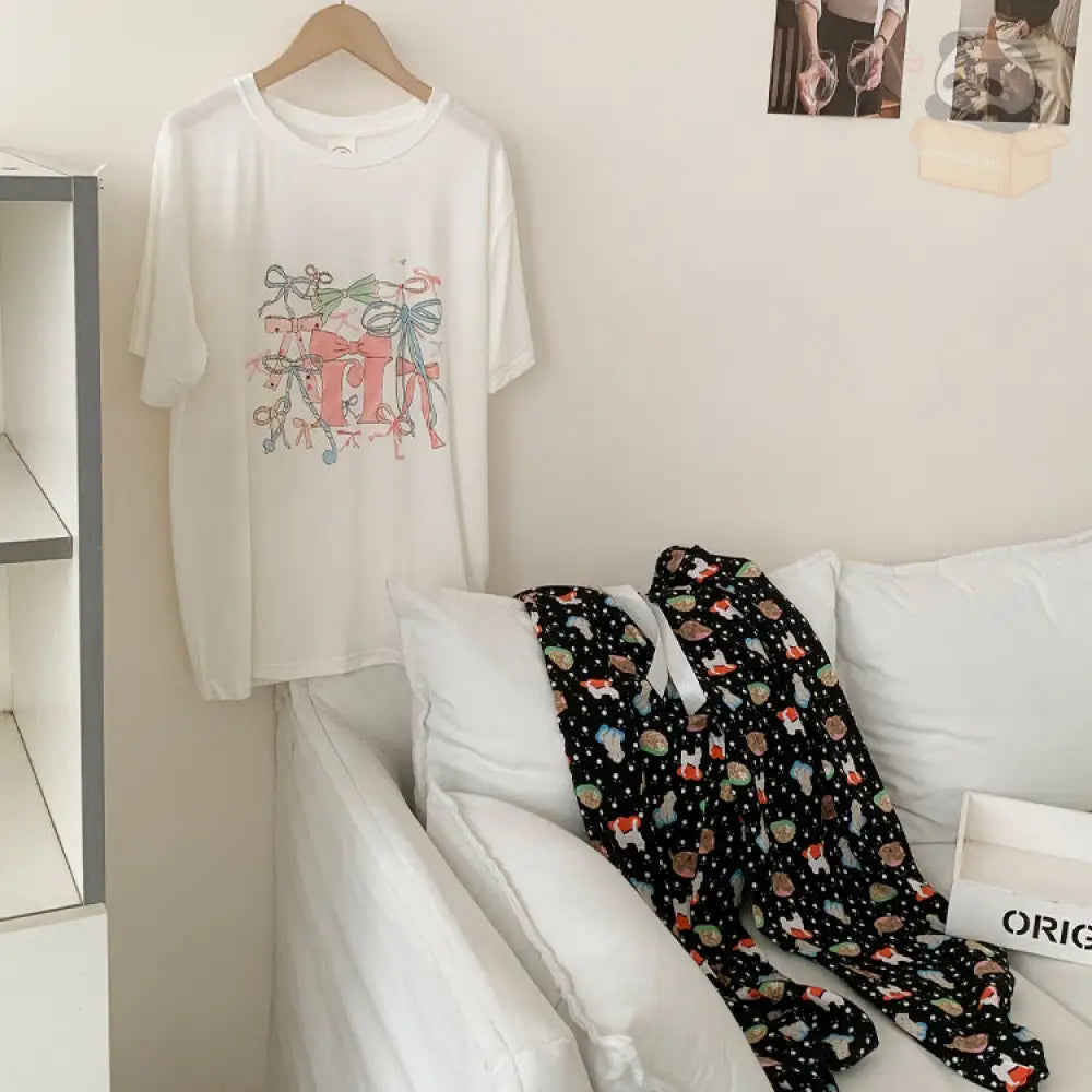 ID526 レディース リボン プリント モダール パジャマ 半袖 長ズボン ゆったり 甘い ルームウェア 外出可 写真通り / フリー レディース＞セットアップ