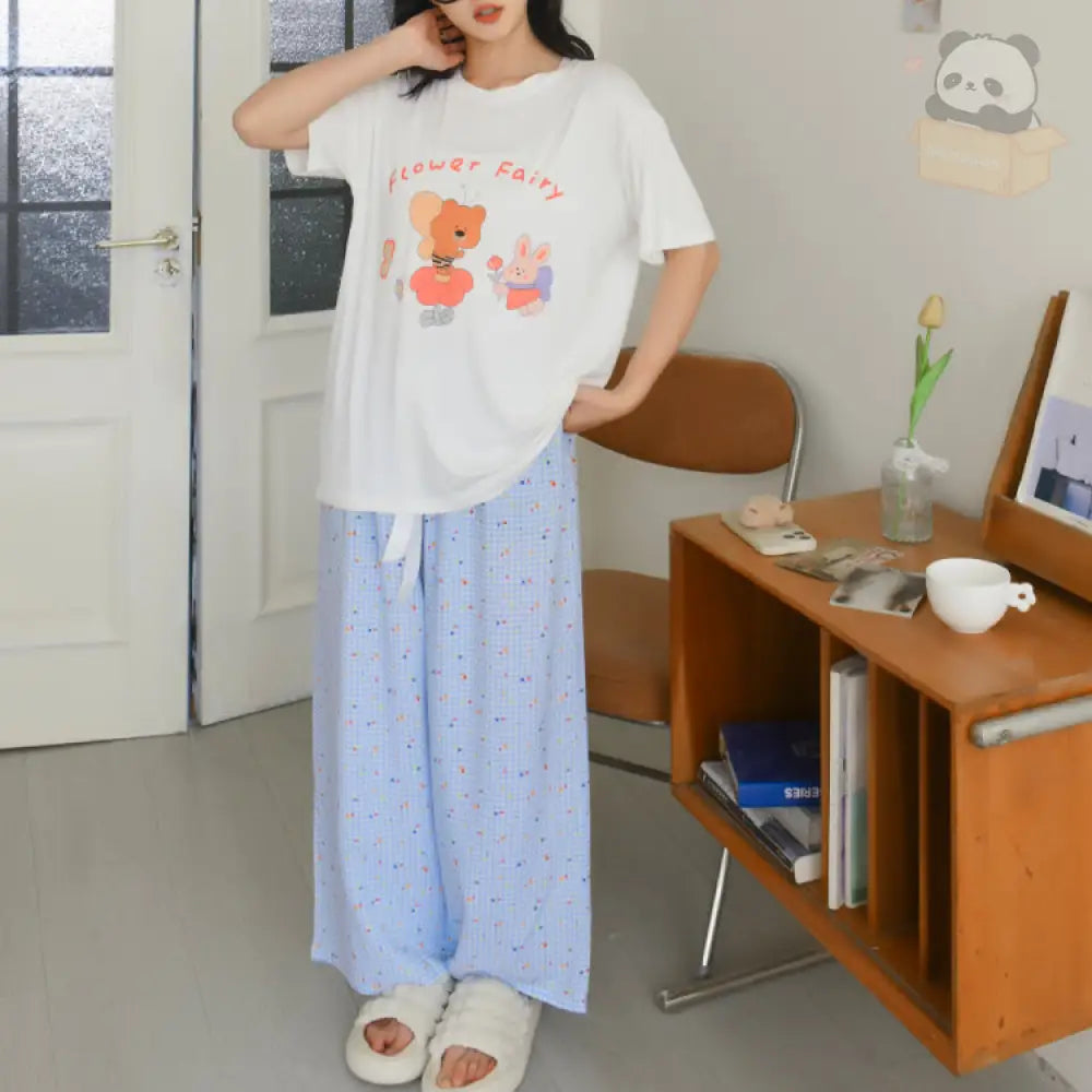 ID527 日系 かわいい ミツバチ 花柄 モダール パジャマセット 夏 薄手 半袖 長ズボン ゆったり ルームウェア 外出可 写真通り / フリー レディース＞セットアップ