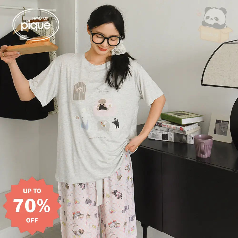 ID531 レディース モダール パジャマセット 日系 夏用 半袖 長ズボン ゆったり かわいい カートゥーン 涼感 ルームウェア 写真通り / フリー レディース＞セットアップ