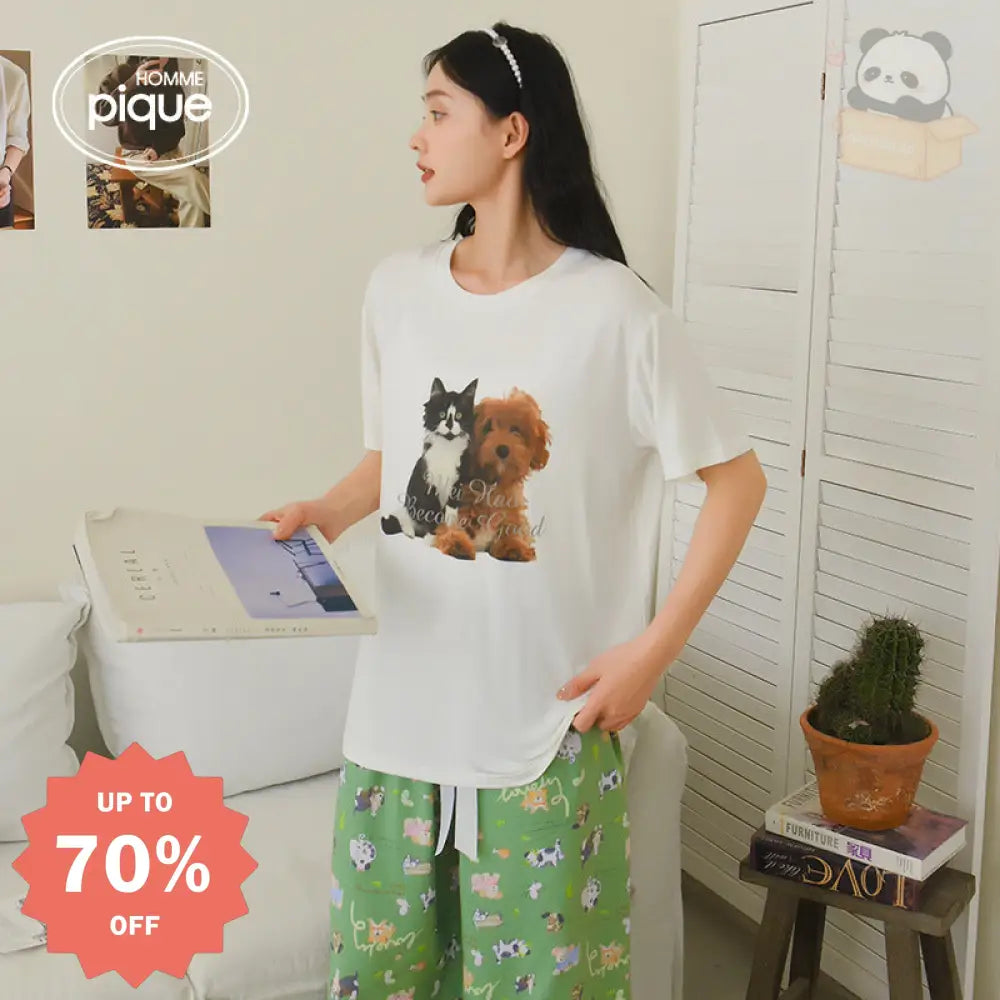 ID532 日系 夏用 アルファベット 猫 パジャマセット レディース 半袖 長ズボン ゆったり 薄手 ルームウェア 外出可 写真通り / フリー レディース＞セットアップ