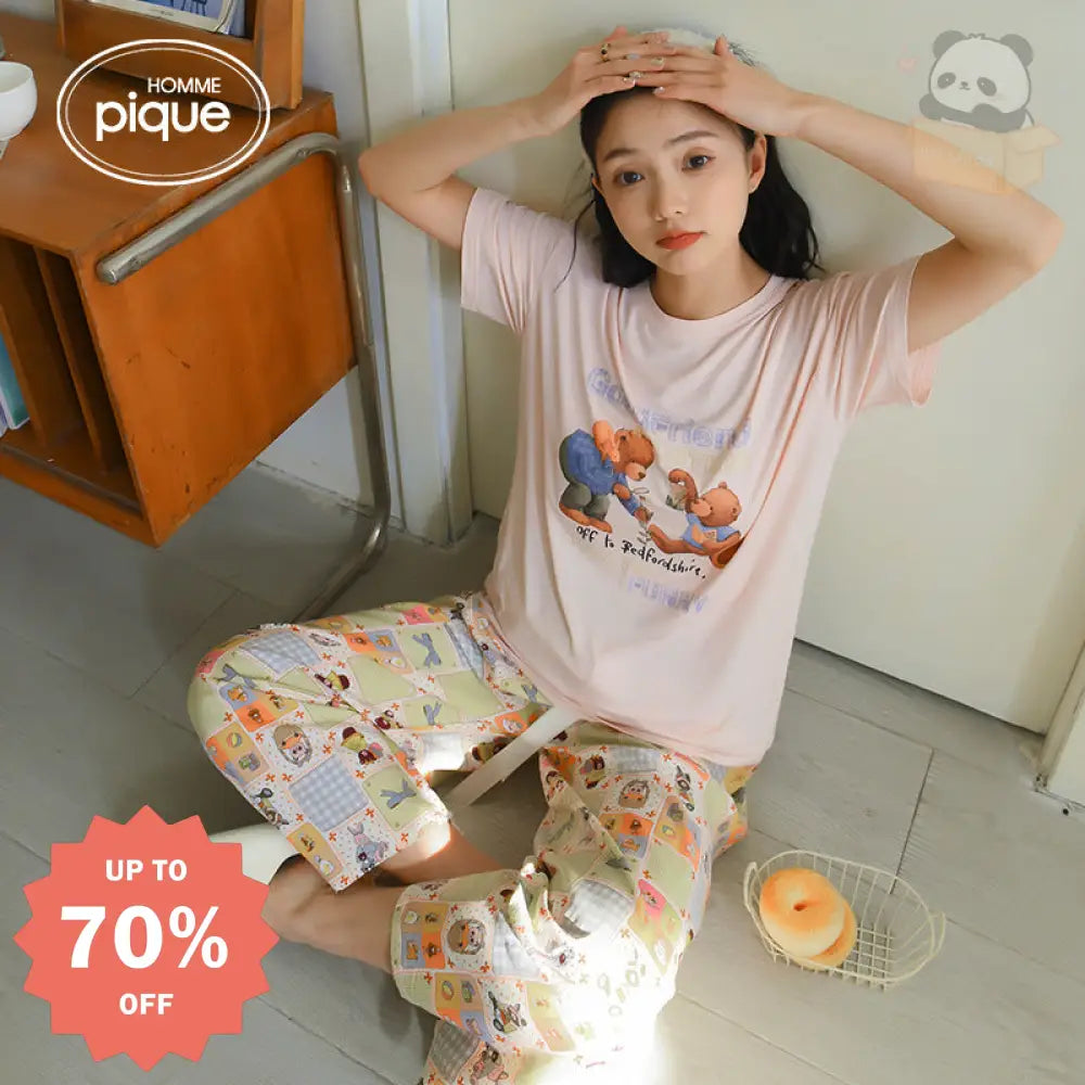 ID533 レディース カジュアル かわいい モダール チェック クマ パジャマセット 夏 薄手 半袖 長ズボン ゆったり 写真通り / フリー レディース＞セットアップ