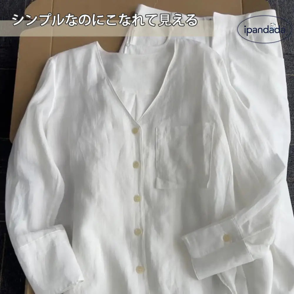 ID544 フレンチ 高級 ホワイト リネンシャツ レディース 韓国風 インスタ映え 長袖 パジャマ 快適 ゆったり トップス ワイドパンツ ルームウェア レディース＞セットアップ