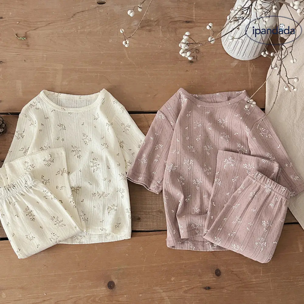 ID549 キッズ パジャマセット 2025夏 薄手 綿100% ベビー エアコン服 女の子 フラワープリント 柔らかい 快適 2色展開 ベビー＆キッズ＞キッズ