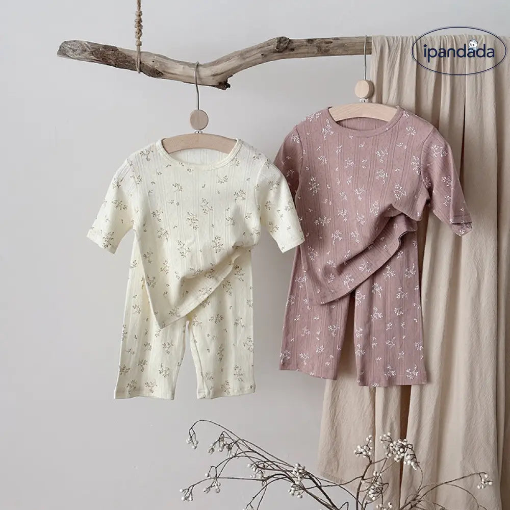 ID549 キッズ パジャマセット 2025夏 薄手 綿100% ベビー エアコン服 女の子 フラワープリント 柔らかい 快適 2色展開 ベビー＆キッズ＞キッズ