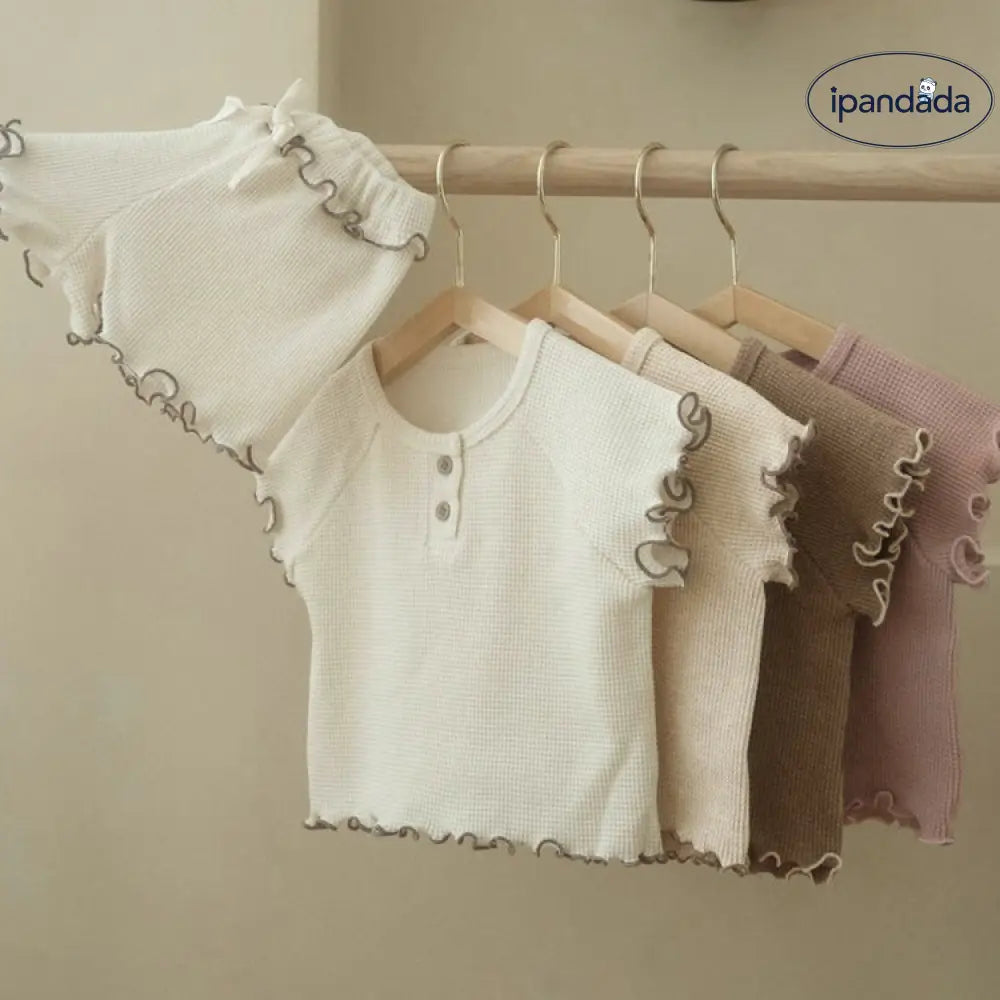 ID552 ルームウェア キッズ女の子 夏用 ワッフル生地 半袖Tシャツ＋ショートパンツ ルームウェア 2点セット ウェーブフリンジ ベビー服 ベビー＆キッズ＞キッズ