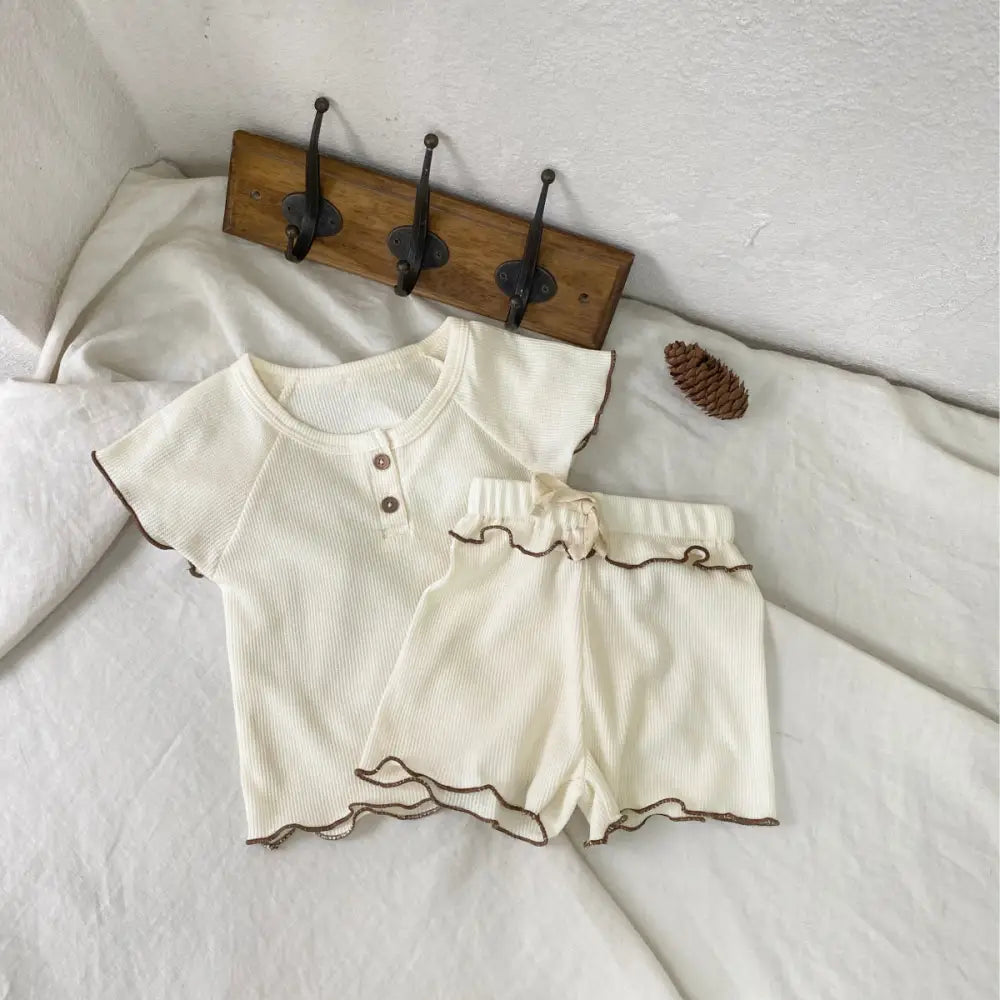 ID552 ルームウェア キッズ女の子 夏用 ワッフル生地 半袖Tシャツ＋ショートパンツ ルームウェア 2点セット ウェーブフリンジ ベビー服 ベージュ / 73cm ベビー＆キッズ＞キッズ