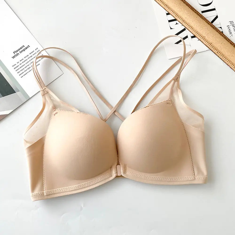 ID560 ミニ丈 谷間メイク 体型補正 レース フロントホック ワイヤーなし 下着 レディース 女性 ブラ 盛り シームレス 小胸 盛ブラ 盛りブラ 谷間 盛れるブラ ベージュ 超盛りブラ ベージュ / 32/70AB