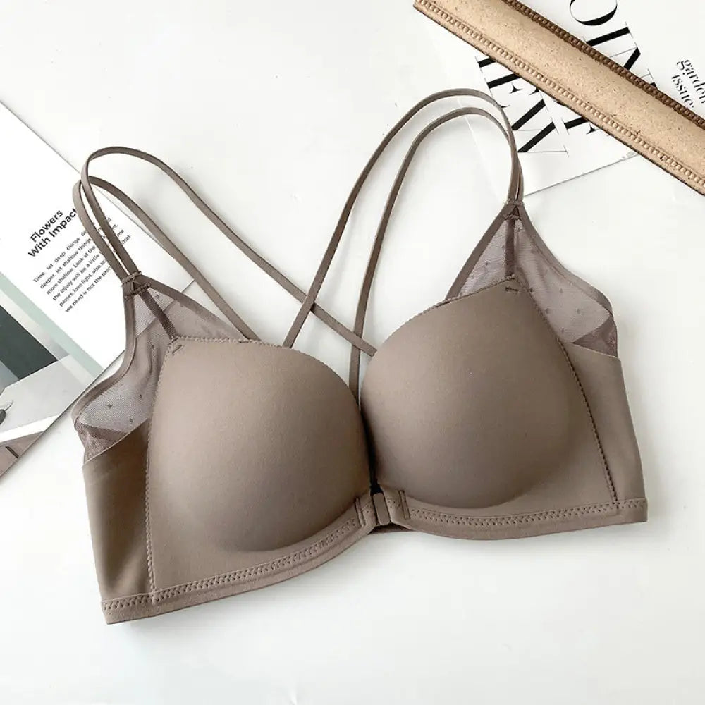 ID560 ミニ丈 谷間メイク 体型補正 レース フロントホック ワイヤーなし 下着 レディース 女性 ブラ 盛り シームレス 小胸 盛ブラ 盛りブラ 谷間 盛れるブラ ベージュ 超盛りブラ コーヒー / 32/70AB
