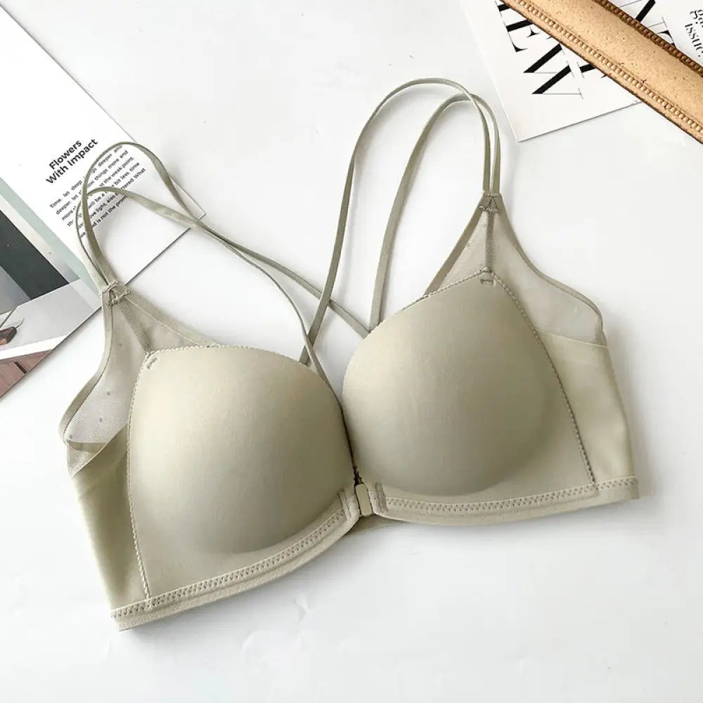 ID560 ミニ丈 谷間メイク 体型補正 レース フロントホック ワイヤーなし 下着 レディース 女性 ブラ 盛り シームレス 小胸 盛ブラ 盛りブラ 谷間 盛れるブラ ベージュ 超盛りブラ ライトグリーン / 32/70AB