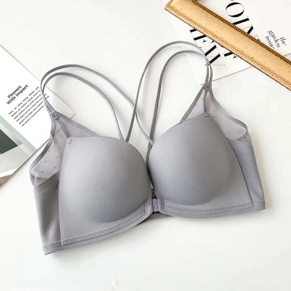 ID560 ミニ丈 谷間メイク 体型補正 レース フロントホック ワイヤーなし 下着 レディース 女性 ブラ 盛り シームレス 小胸 盛ブラ 盛りブラ 谷間 盛れるブラ ベージュ 超盛りブラ グレー / 32/70AB レディース＞インナー