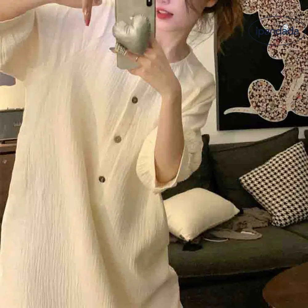 ID609 韓国風 かわいい シンプル 無地 長袖 寝巻きワンピース レディース 春秋 新作 韓国風 高級感 ルームウェア 外出可 レディース＞ワンピース