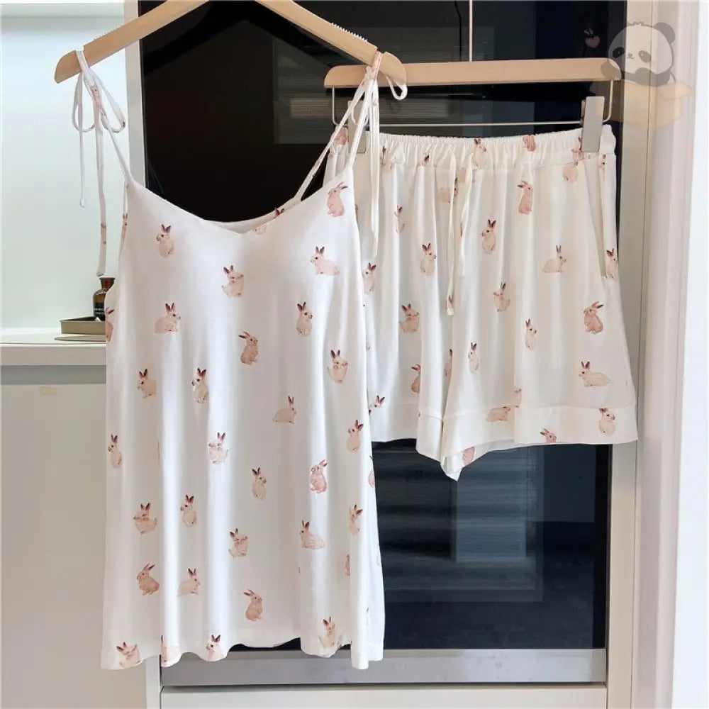 ID633 レディース 日系 うさぎ パジャマ アイスクリーム モダール 夏用 サロペット ショートパンツ セット パッド内蔵 甘い ホワイト / M レディース＞セットアップ