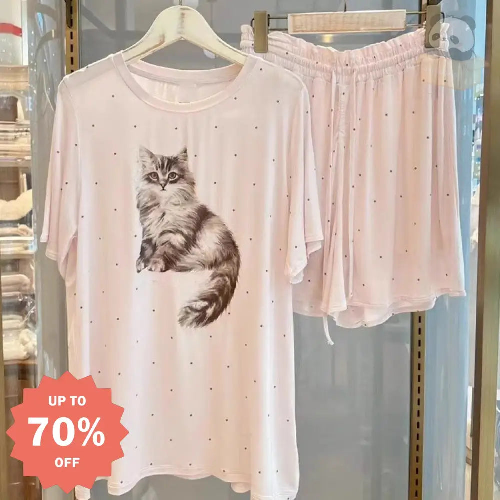 ID636 猫 パジャマセット レディース 春夏 半袖 ショートパンツ 薄手 カジュアル 快適 ルームウェア 外出可 かわいい ピンク / M レディース＞セットアップ