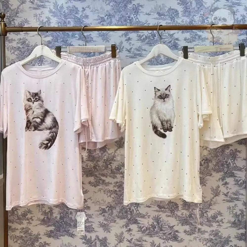 ID636 猫 パジャマセット レディース 春夏 半袖 ショートパンツ 薄手 カジュアル 快適 ルームウェア 外出可 かわいい レディース＞セットアップ