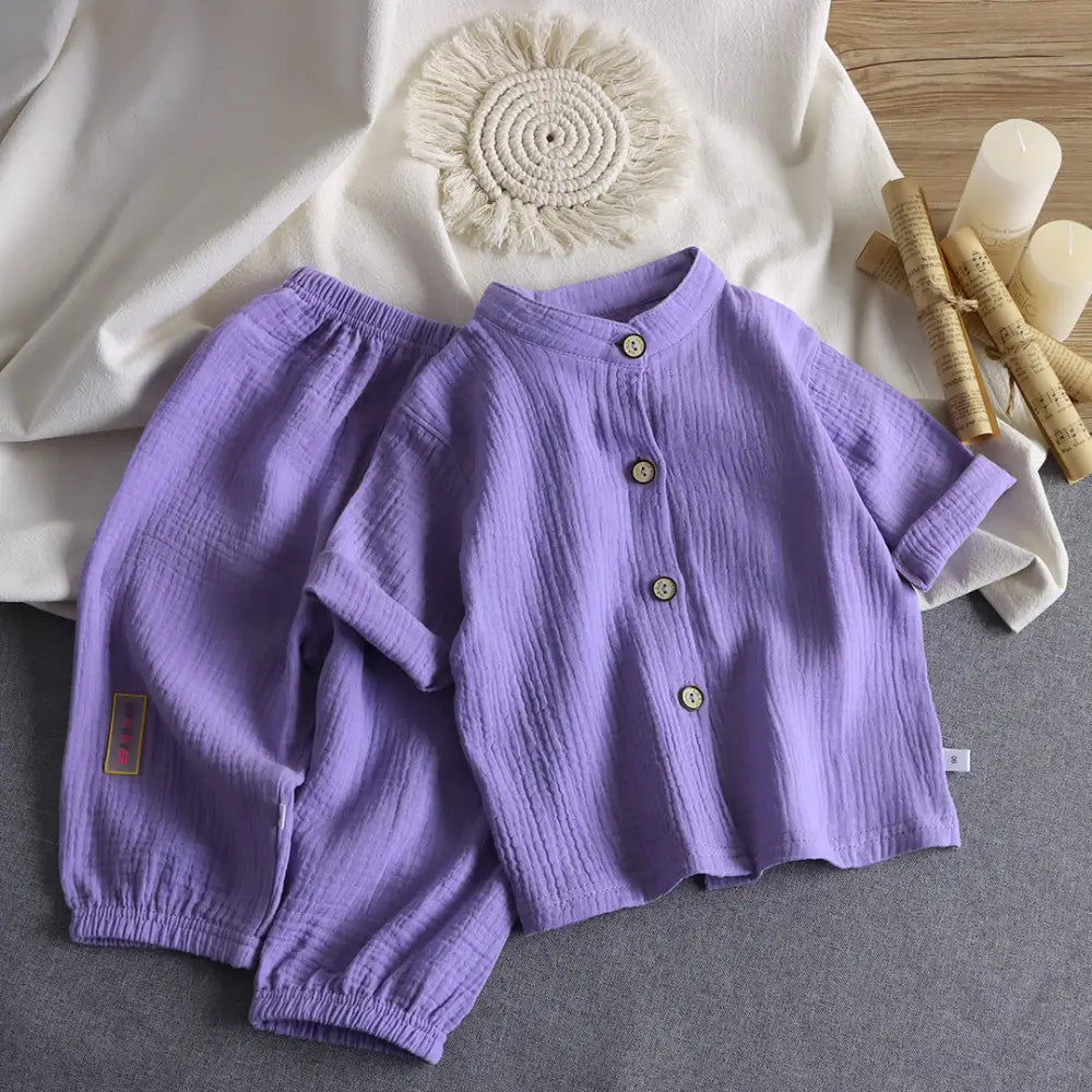 ID654 多色展開 綿麻 パジャマ ベビー パジャマ風 新生児服 夏用 前開き 子供服 出産祝い 春秋 赤ちゃん 子供 女の子 男の子 ルームウェア 上下 かわいい パープル2 / 80cm ベビー＆キッズ＞ベビー