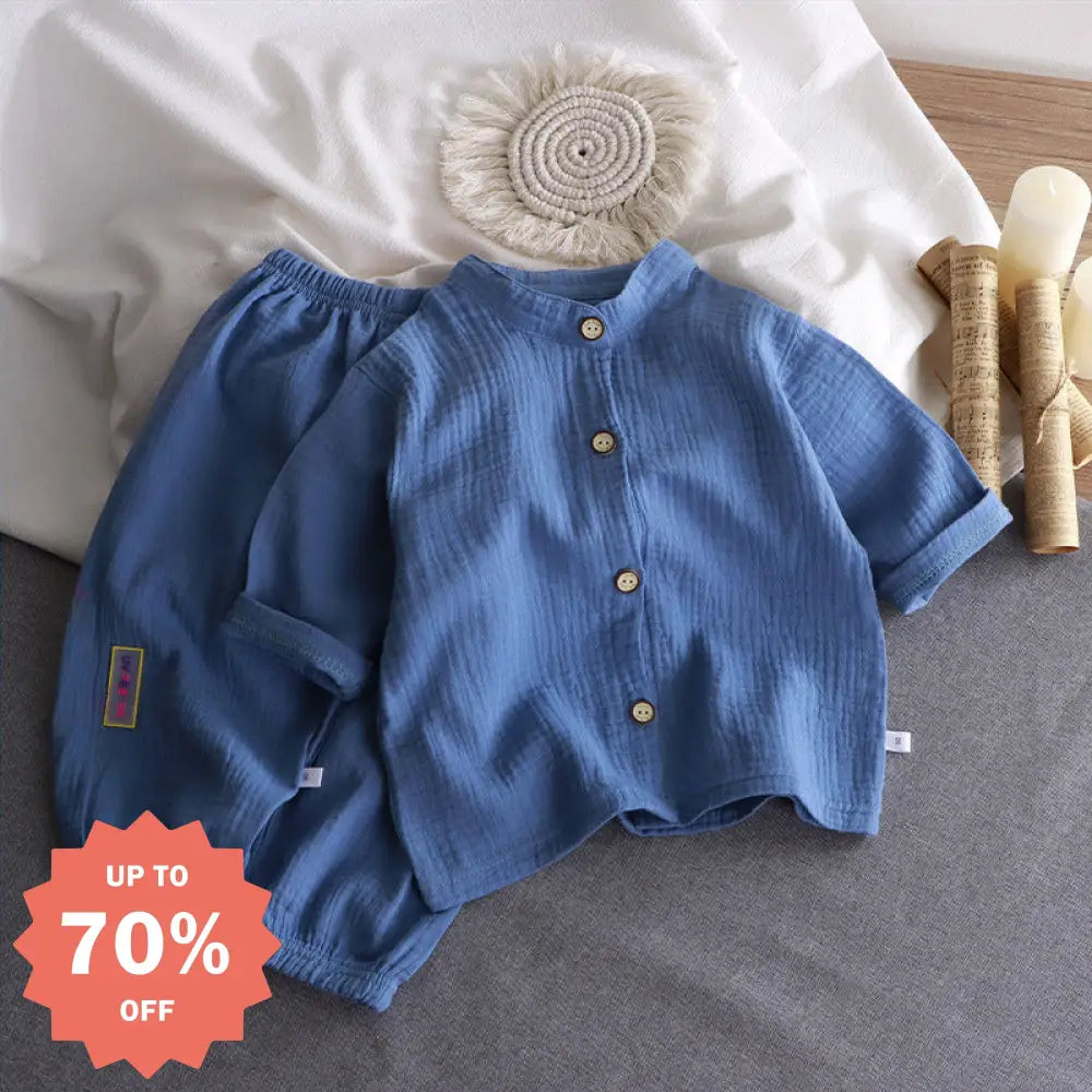 ID654 多色展開 綿麻 パジャマ ベビー パジャマ風 新生児服 夏用 前開き 子供服 出産祝い 春秋 赤ちゃん 子供 女の子 男の子 ルームウェア 上下 かわいい ブルー / 80cm ベビー＆キッズ＞ベビー