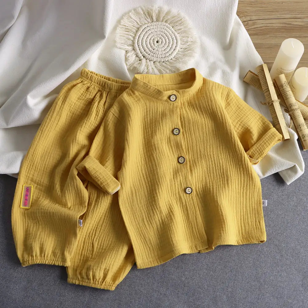 ID654 多色展開 綿麻 パジャマ ベビー パジャマ風 新生児服 夏用 前開き 子供服 出産祝い 春秋 赤ちゃん 子供 女の子 男の子 ルームウェア 上下 かわいい イエロー / 80cm ベビー＆キッズ＞ベビー
