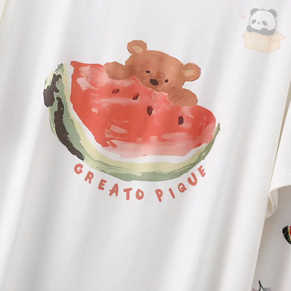 ID656 モダール パジャマ レディース 夏 半袖 八分丈パンツ フルーツ イラスト クマ 柄 スイカ バナナ ルームウェア 薄手 2点セット ゆったり 吸汗 速乾 快適 レディース＞セットアップ