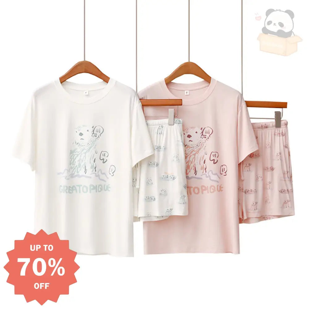 ID659 ラッコ プリント 夏 パジャマセット モダール 薄手 半袖 ショートパンツ かわいい ルームウェア 女子 ゆったり 吸汗速乾 おうちコーデ 日本風 イラスト レディース＞セットアップ