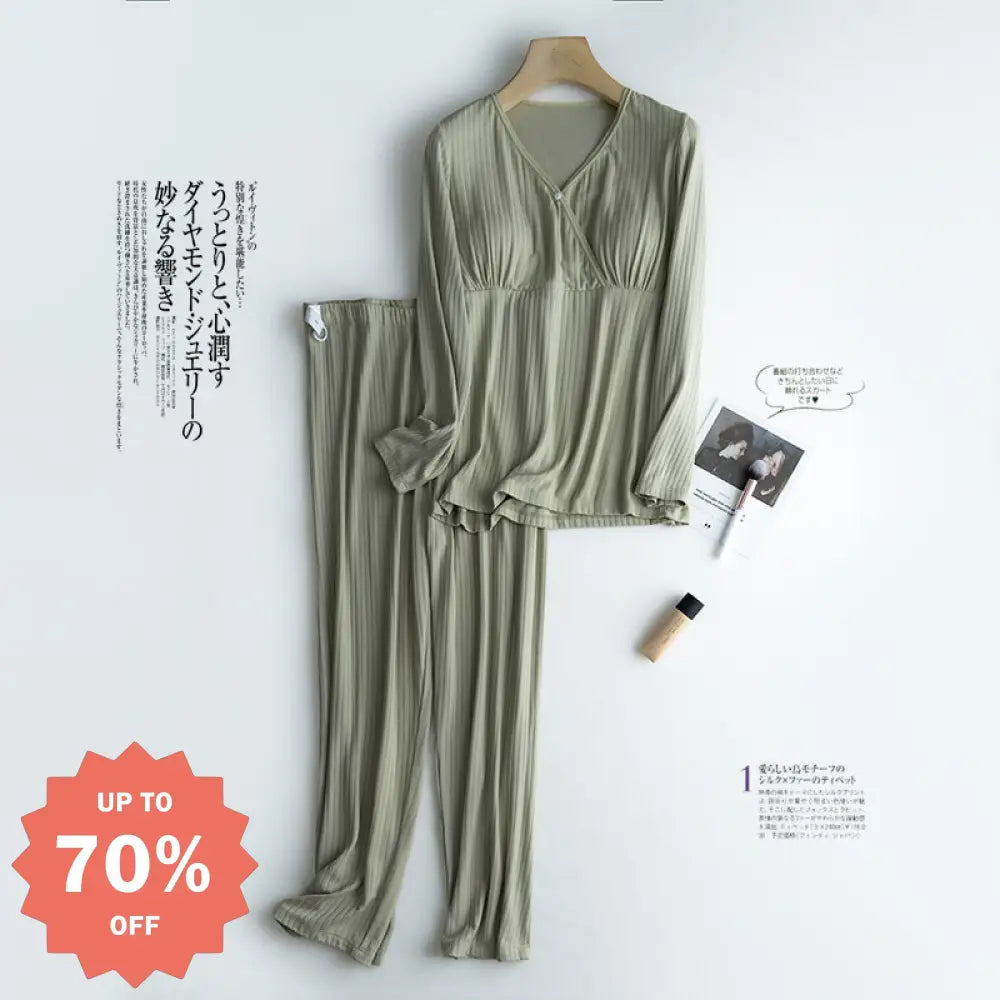 ID671 ノーブラ マタニティ ルームウェア モダール 授乳 対応 産後 ケア 長袖 ロングパンツ セット 春夏 着用 おうち リラックス ゆったり 2点セット 吸汗 速乾 グリーン / M マタニティ＞マタニティウェア