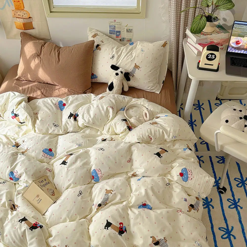 ID707 犬 イラスト 水通し 綿 寝具 セット 学生 かわいい キャラクター ベッドカバー シーツ ピローケース 3点セット 洗濯 機可 通気性 抜群 春夏 対応 寝具＞寝具セット