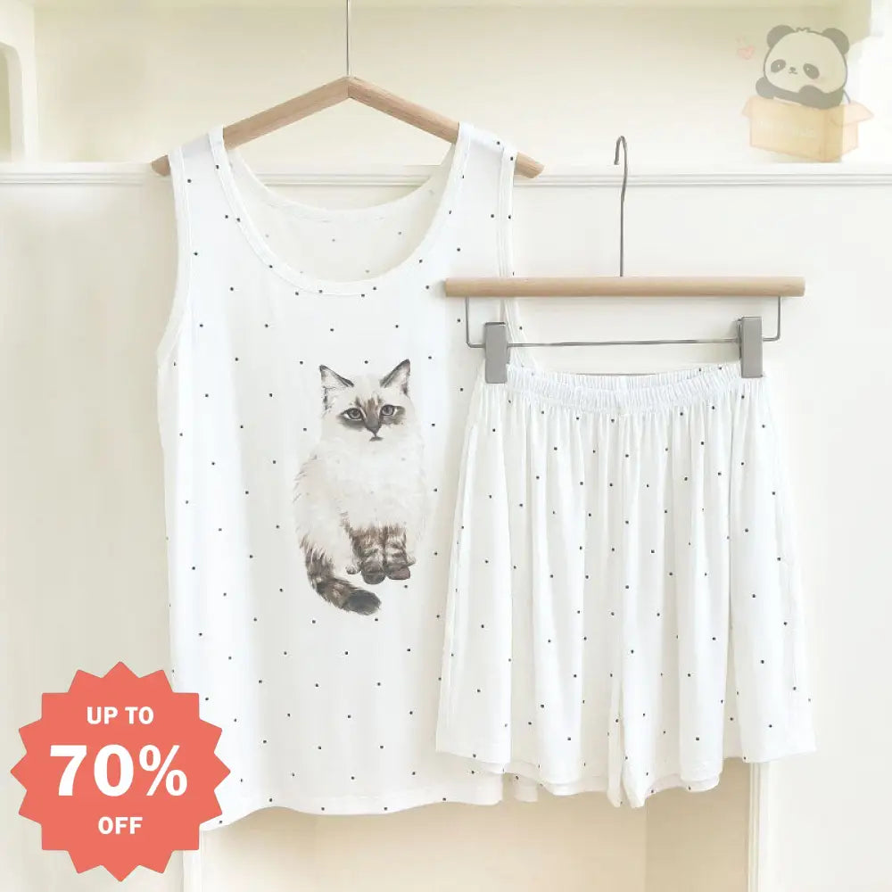 ID780 パジャマ レディース 夏 タンクトップ ショートパンツ セット 猫 プリント キュート シンプル ルーズ 快適 カジュアル ホームウェア ルームウェア 外出対応 部屋着 リラックス 薄手 洗える インテリア ホワイト / M