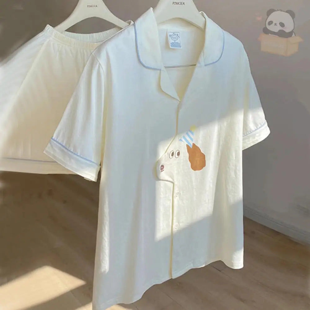 ID797 パジャマ レディース 夏 キュート カートゥーン 子犬 プリント 半袖 カーディガン ショートパンツ セット ソフト 肌に優しい ホームウェア ルームウェア 部屋着 洗濯可能 薄手 涼感 通気性抜群 おしゃれ インテリア