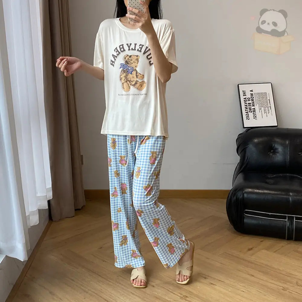 ID814 パジャマ レディース 夏 モダール 半袖 長ズボン 薄手 カジュアル 涼感 ラウンドネック 帽子付き クマ プリント ホームウェア ルームウェア ブルー / フリー レディース＞セットアップ