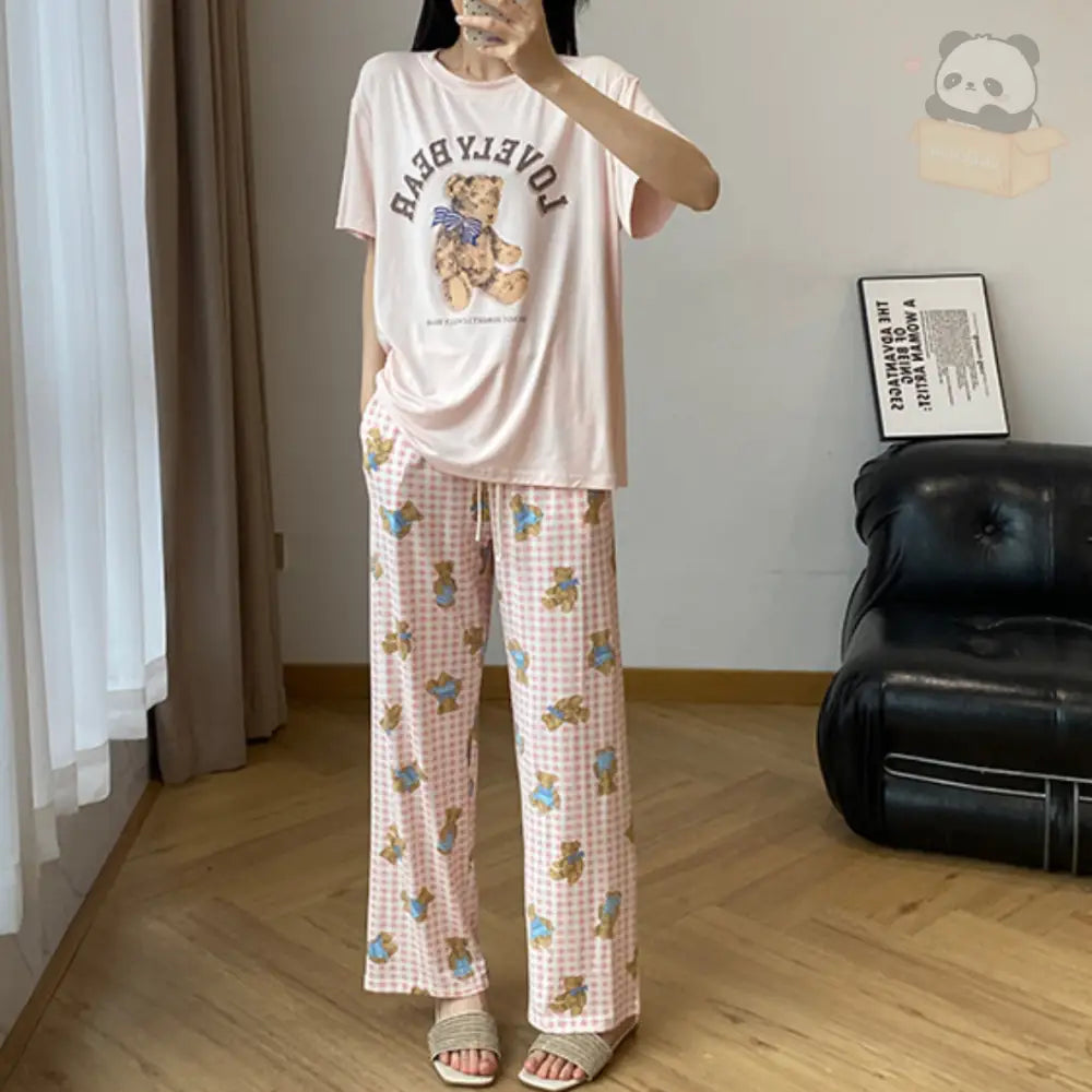 ID814 パジャマ レディース 夏 モダール 半袖 長ズボン 薄手 カジュアル 涼感 ラウンドネック 帽子付き クマ プリント ホームウェア ルームウェア ピンク / フリー レディース＞セットアップ