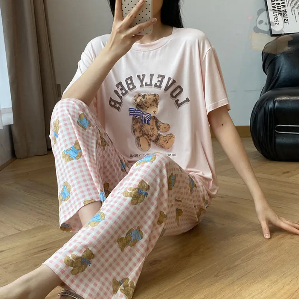 ID814 パジャマ レディース 夏 モダール 半袖 長ズボン 薄手 カジュアル 涼感 ラウンドネック 帽子付き クマ プリント ホームウェア ルームウェア レディース＞セットアップ